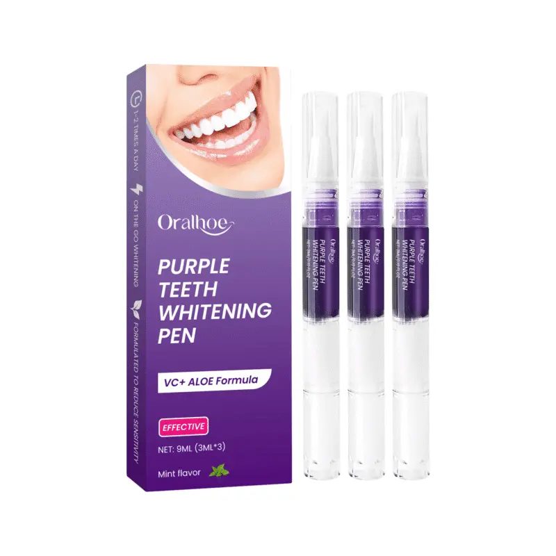 Oralhoe Purple Teeth Whitening Pen gently removes smoke and tea stains for fresh breath and brighter teeth