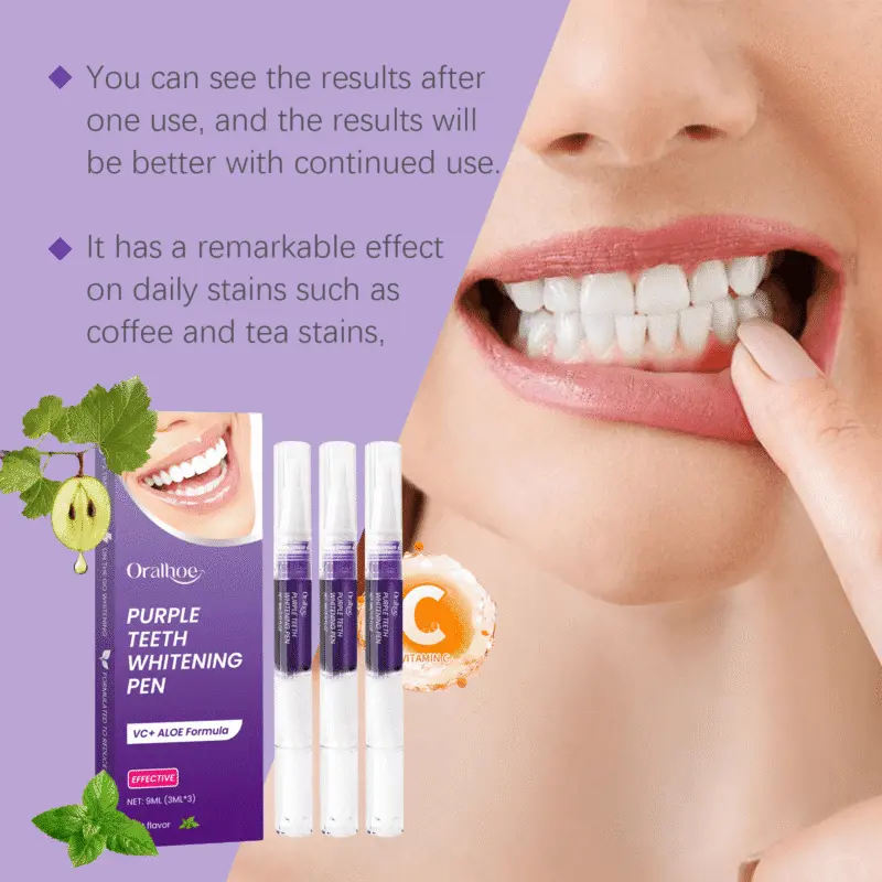Oralhoe Purple Teeth Whitening Pen gently removes smoke and tea stains for fresh breath and brighter teeth